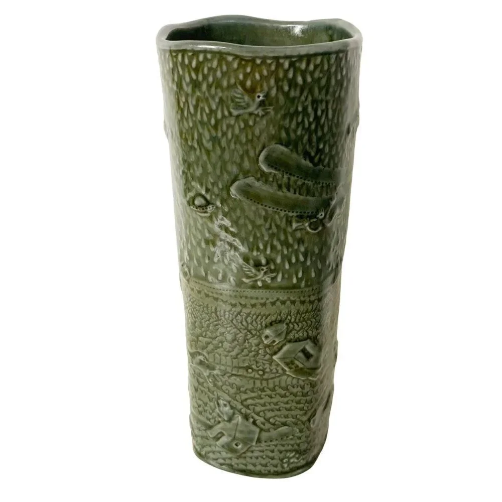 Ceramic Pottery Vase Olive Celadon signed Dennis Meiners